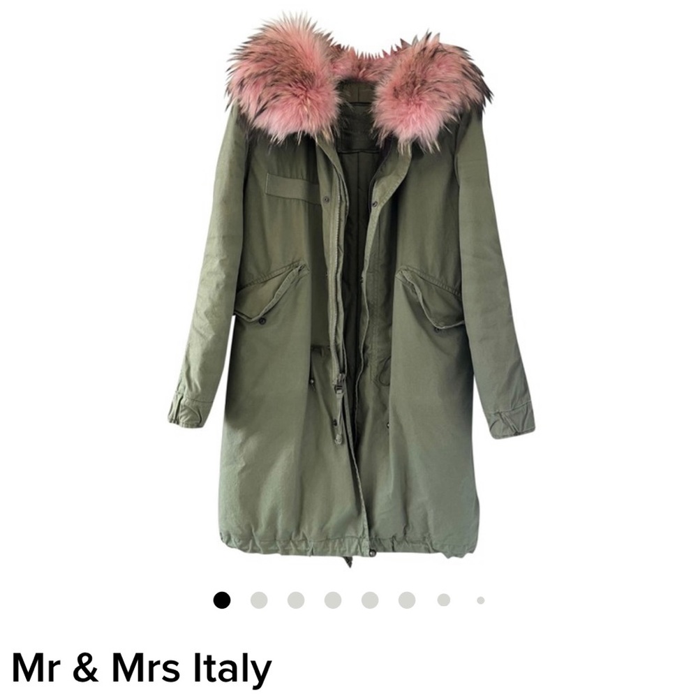 Mr & Mrs Italy pink fur trim army green coat
